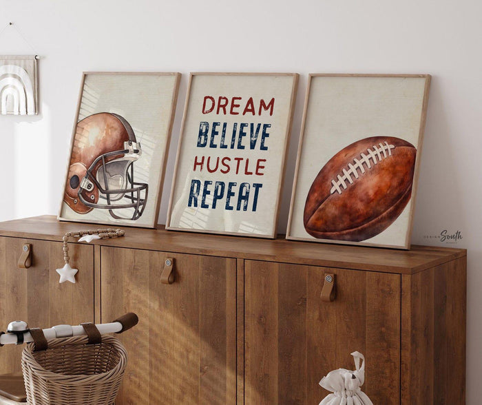 Football Nursery Wall Art Set of 3, Vintage Football Helmet Prints, Dream Believe Hustle Repeat, Boys Sports Bedroom Decor, Football Gift