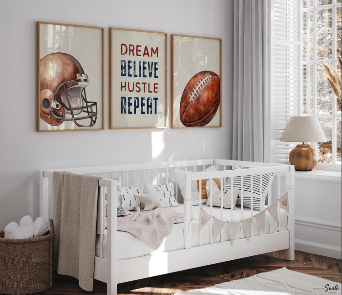 Football Nursery Wall Art Set of 3, Vintage Football Helmet Prints, Dream Believe Hustle Repeat, Boys Sports Bedroom Decor, Football Gift