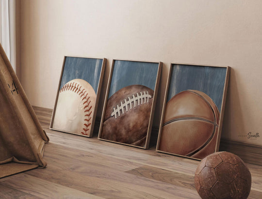 Blue Distressed Sports Wall Art Set of 3, Basketball Baseball Football Prints, Industrial Vintage Sports Decor, Boys Bedroom Playroom Art