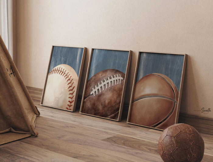 Blue Distressed Sports Wall Art Set of 3, Basketball Baseball Football Prints, Industrial Vintage Sports Decor, Boys Bedroom Playroom Art
