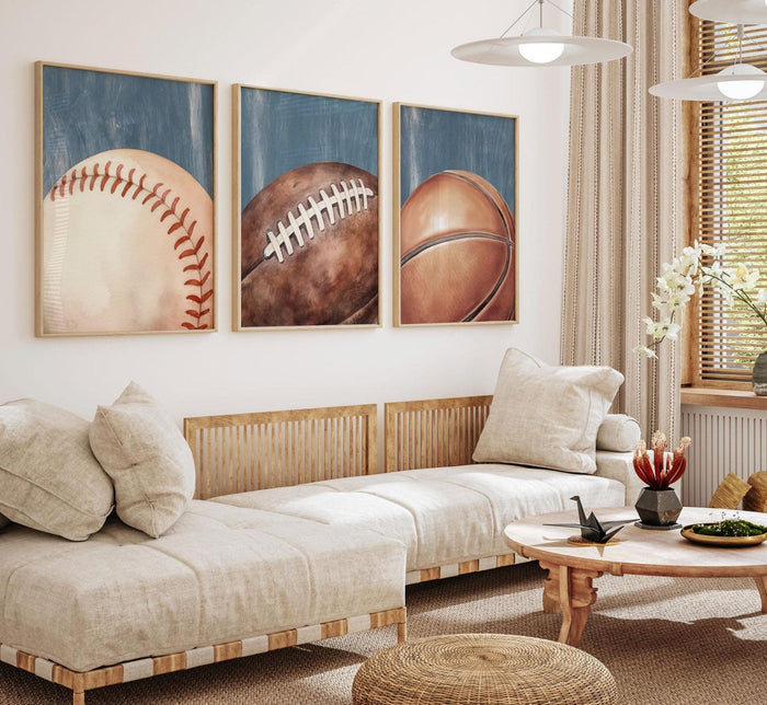Blue Distressed Sports Wall Art Set of 3, Basketball Baseball Football Prints, Industrial Vintage Sports Decor, Boys Bedroom Playroom Art