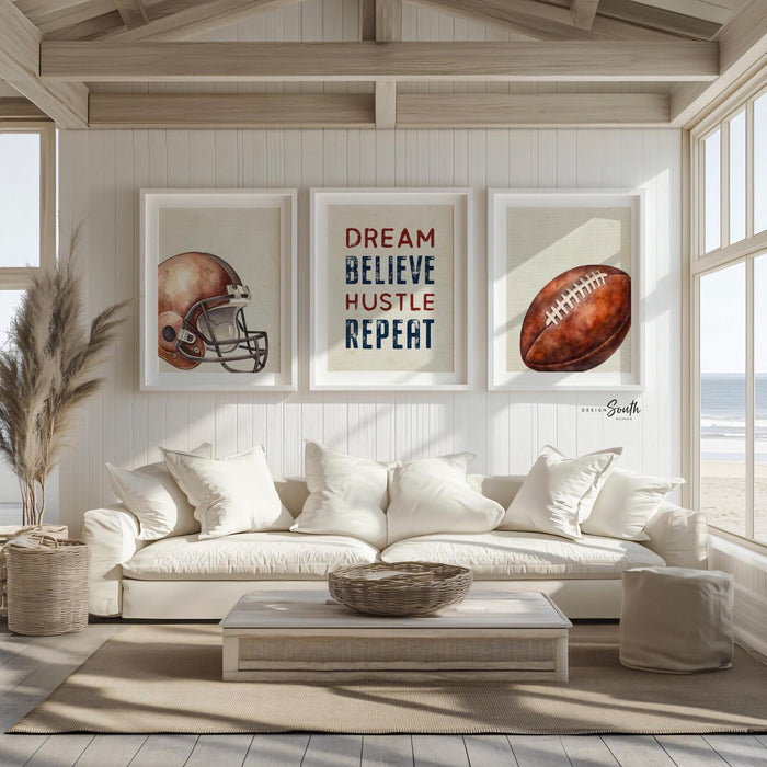 Football Nursery Wall Art Set of 3, Vintage Football Helmet Prints, Dream Believe Hustle Repeat, Boys Sports Bedroom Decor, Football Gift