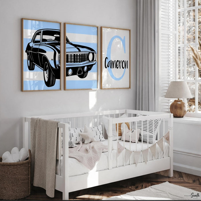 Blue 1969 Chevy Camaro SS350 Print: Vintage Car Nursery Decor