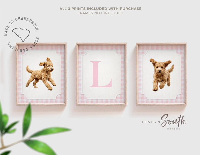 Golden Doodle Nursery Wall Art Set of 3, Personalized Initial, Pink Gingham Puppy Prints, Girls Bedroom Decor, Baby Shower Gift