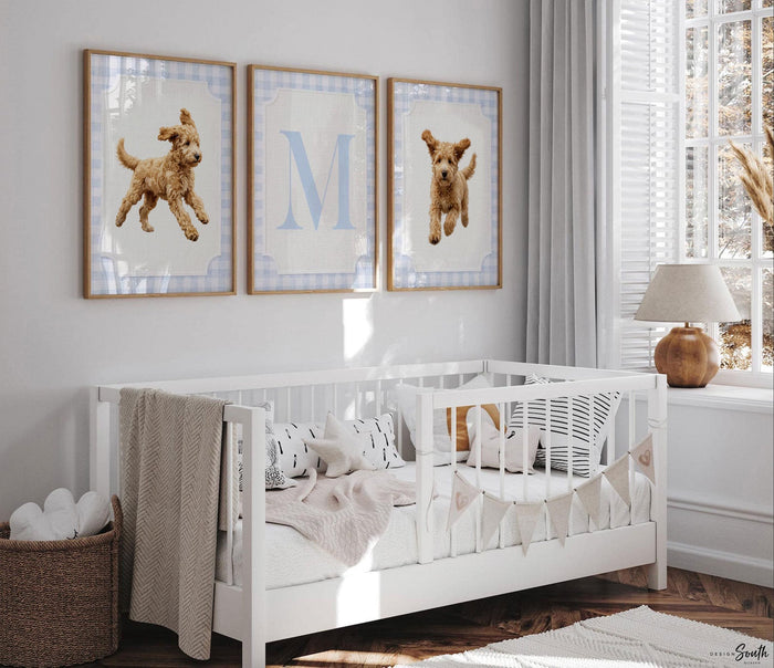 Golden Doodle Nursery Wall Art Set of 3, Personalized Initial, Blue Gingham Puppy Prints, Boys Bedroom Decor, Baby Shower Gift