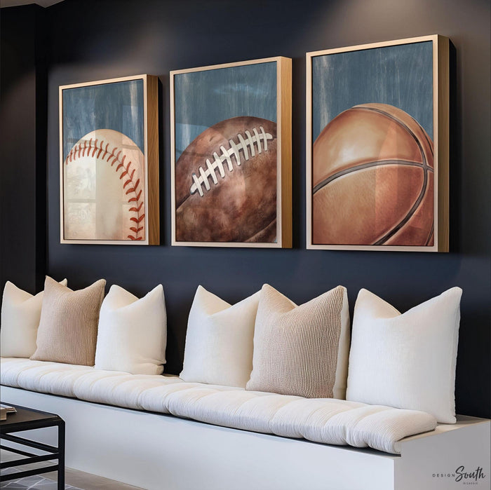 Blue Distressed Sports Wall Art Set of 3, Basketball Baseball Football Prints, Industrial Vintage Sports Decor, Boys Bedroom Playroom Art