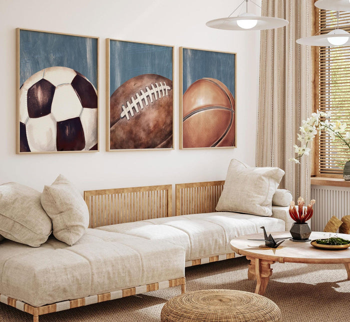 Vintage Blue Sports Wall Art Set of 3, Basketball Soccer Football Prints, Distressed Industrial Sports Decor, Boys Bedroom Playroom Art