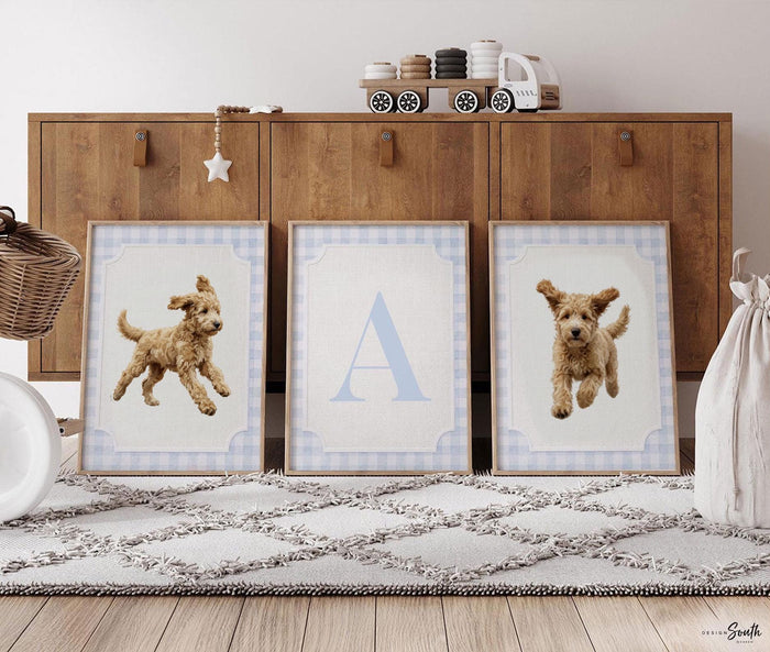 Golden Doodle Nursery Wall Art Set of 3, Personalized Initial, Blue Gingham Puppy Prints, Boys Bedroom Decor, Baby Shower Gift