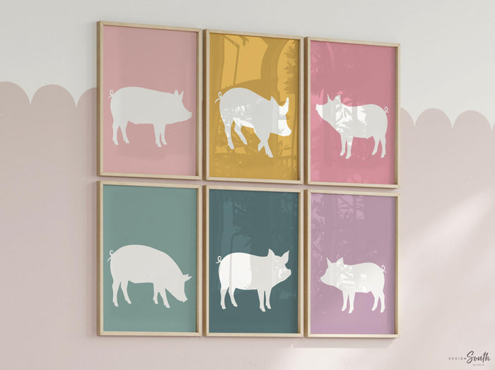 Pig Nursery Art Set of 6, Pastel Piglet Prints for Girls Bedroom or Playroom, Pig Themed Wall Decor, Pig Lover Gift