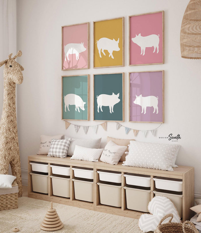 Pig Nursery Art Set of 6, Pastel Piglet Prints for Girls Bedroom or Playroom, Pig Themed Wall Decor, Pig Lover Gift