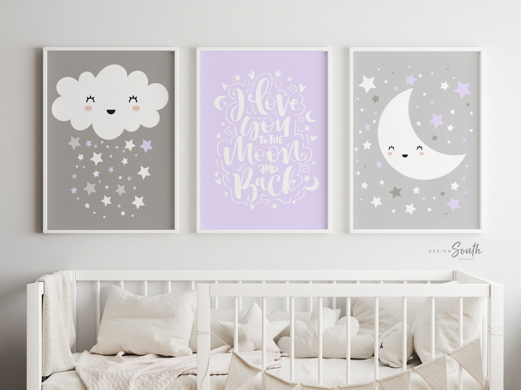 Baby girl nursery lilac and gray, moon and stars nursery decor, I love you to the moon, cloud nursery girl, cloud wall art, moon star cloud