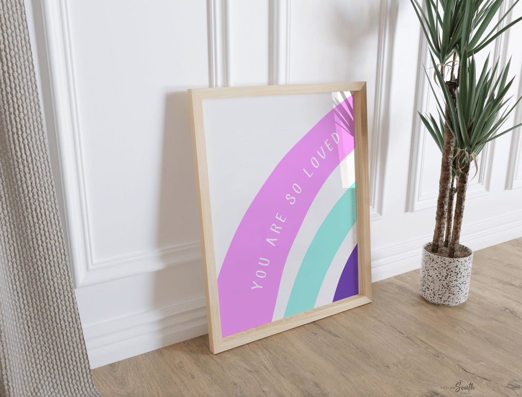 Bright modern girl rainbow, little girl bedroom or playroom wall idea, bright pink and purple toddler wall art, pink purple aqua rainbow art