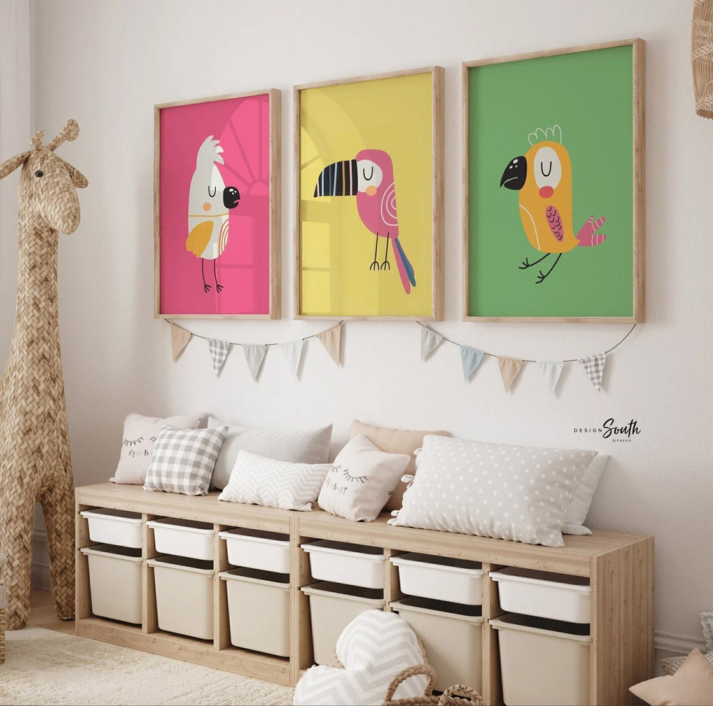 Toucan bird prints, wall art tropical bird, pink tropical wall art, pink yellow green bright tropical art, modern trendy bright art set of 3