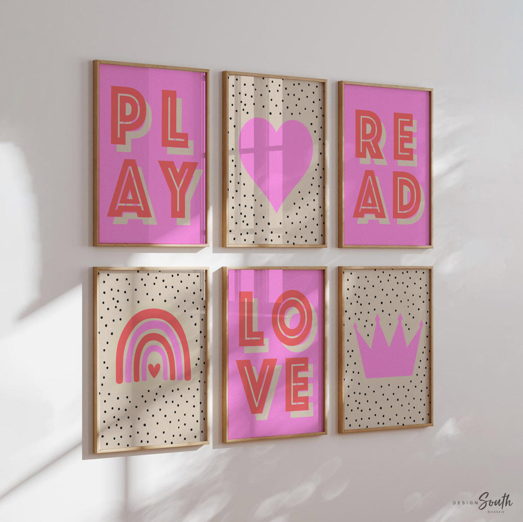 Set of six framed wall art prints with motivational phrases on a white wall. Girls pink retro bedroom playroom or nursery art, rainbow heart crown love play read decor, decor for girls room, neon pink wall decor girls