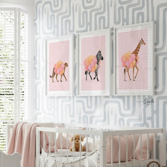 Girls Safari Wall Art – Pastel Pink Set of 3 Animal Prints with Balloons – Cheetah, Zebra & Giraffe Nursery or Bedroom