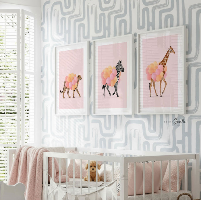 Girls Safari Wall Art – Pastel Pink Set of 3 Animal Prints with Balloons – Cheetah, Zebra & Giraffe Nursery or Bedroom