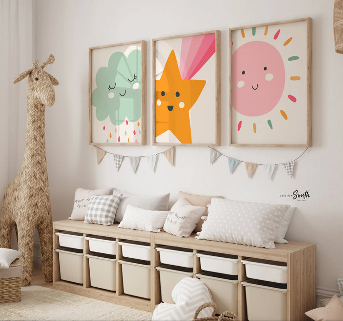 Sunshine nursery, sun cloud shooting star baby girl gift, pink orange baby room, baby girl room decor idea, star nursery theme, nursery girl