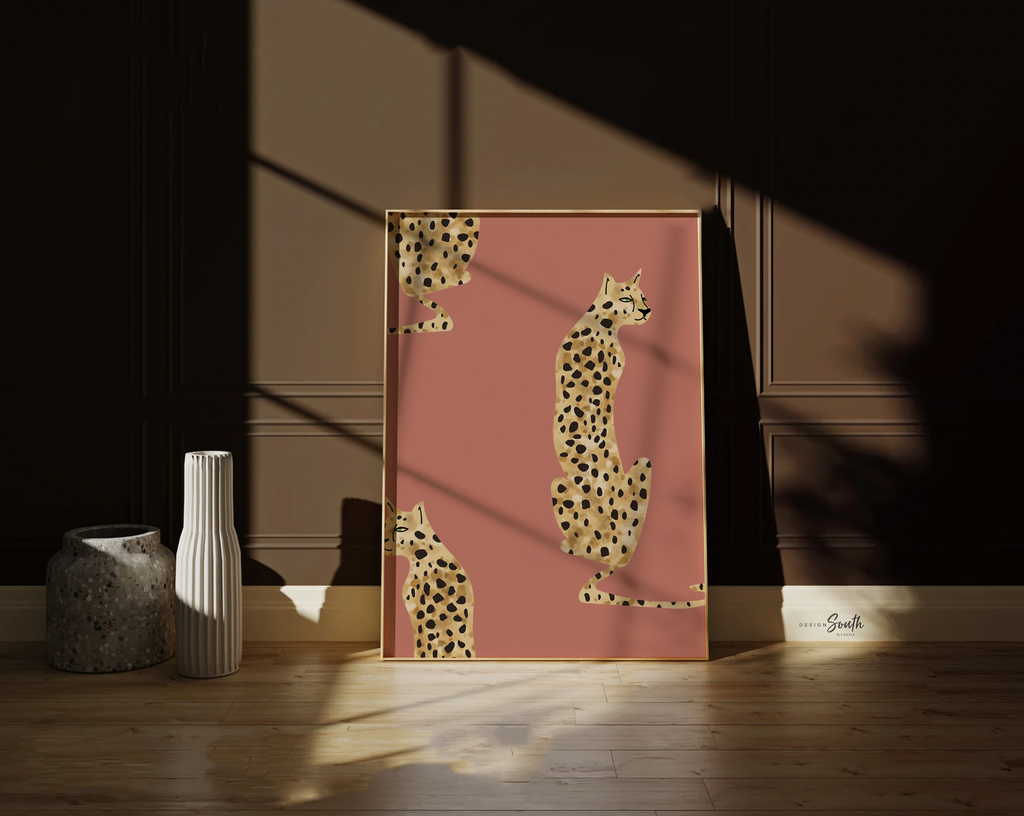 Boho terracotta vintage art, leopard cheetah prints, terracotta jungle cheetah, neutral vintage safari nursery art personalized name animal