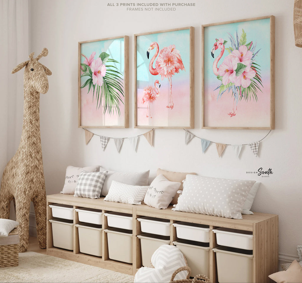 Tropical flamingo palm wall art, flamingo picture palm green tropical plant prints, baby nursery palm tropical, artwork above crib tropical