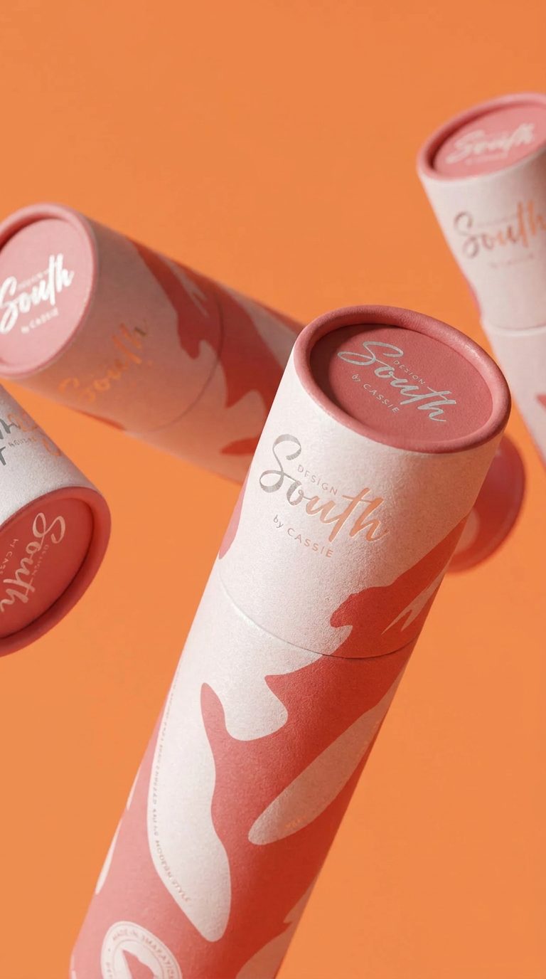 Up-close view of Design South pink branded shipping tubes against a bright orange background.