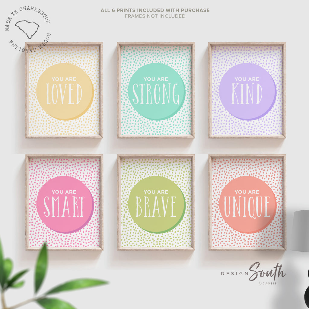 Playroom decor rainbow colors, pastel positive affirmation kids wall art print set, children playroom wall decor, boy girl bedroom playroom nursery room decor, positive art kids brave smart strong kind unique loved