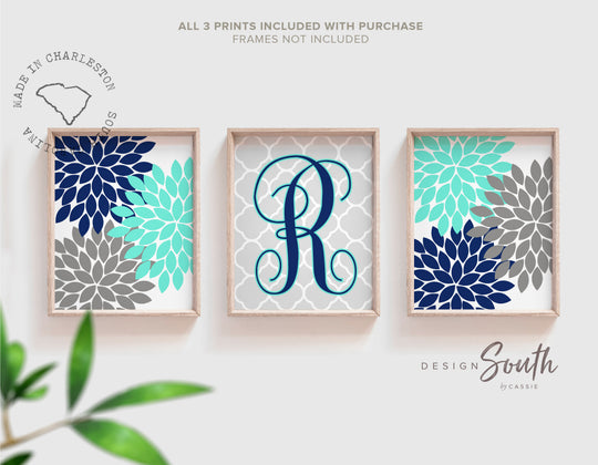 Teal gray modern floral decor, teal bedroom wall art pictures, personalized name art girls monogram, flower burst, girls bedroom decor teal – unframed wall art print for kids room or nursery.