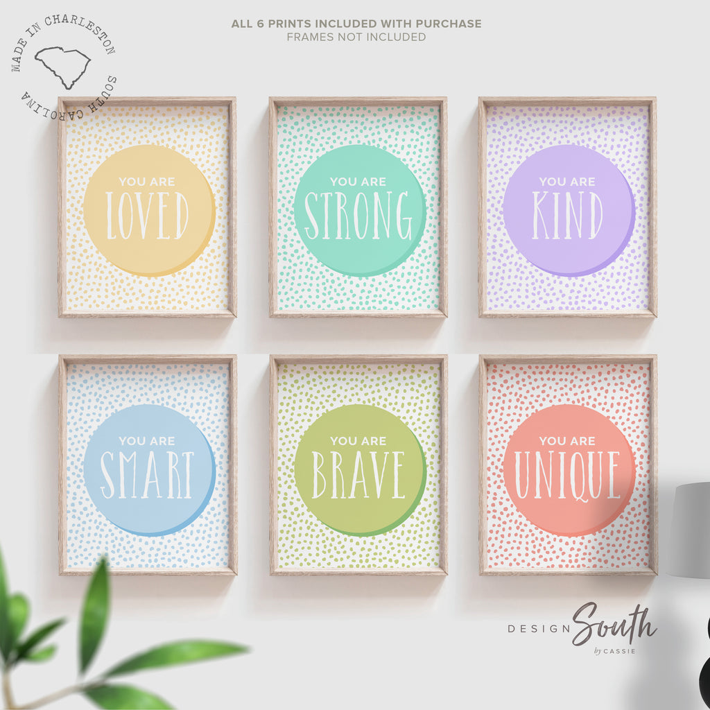 Pastel positive affirmation kids wall art print set, playroom decor rainbow colors, children playroom wall decor, boy girl bedroom playroom nursery room decor, positive art kids brave smart strong kind unique loved