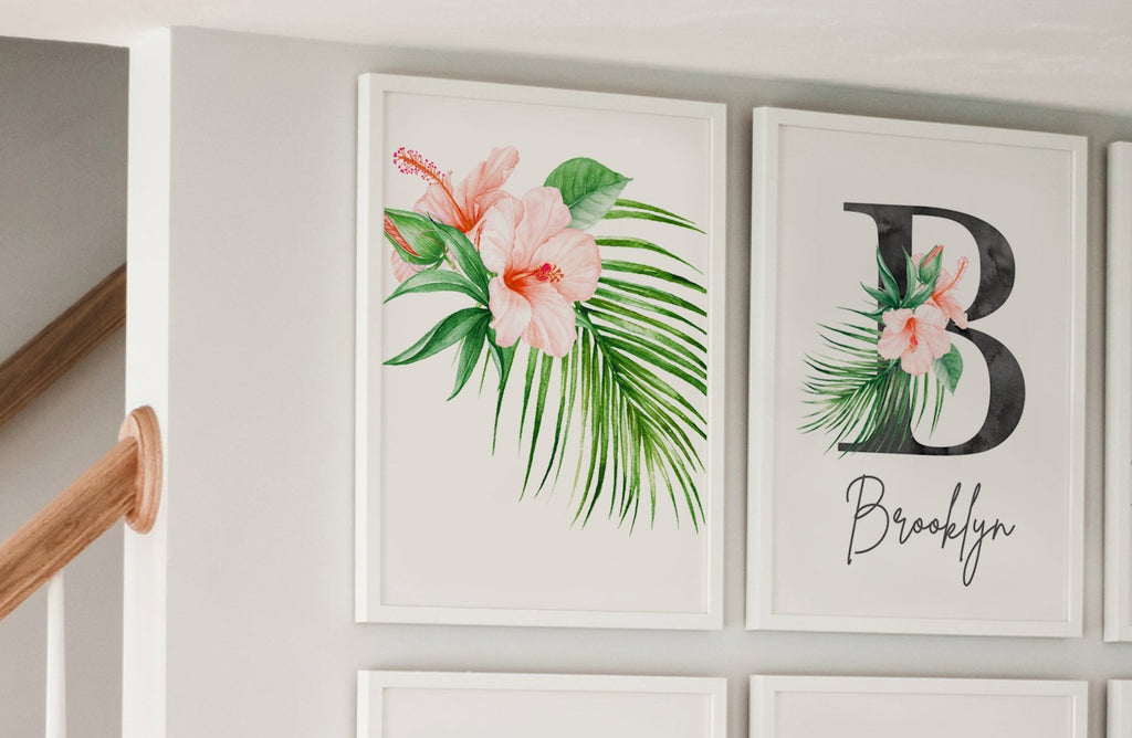 Blush pink girls animal nursery art, girl animal art, baby girl name flower animal, girl baby giraffe wall art, girl bedroom tropical jungle