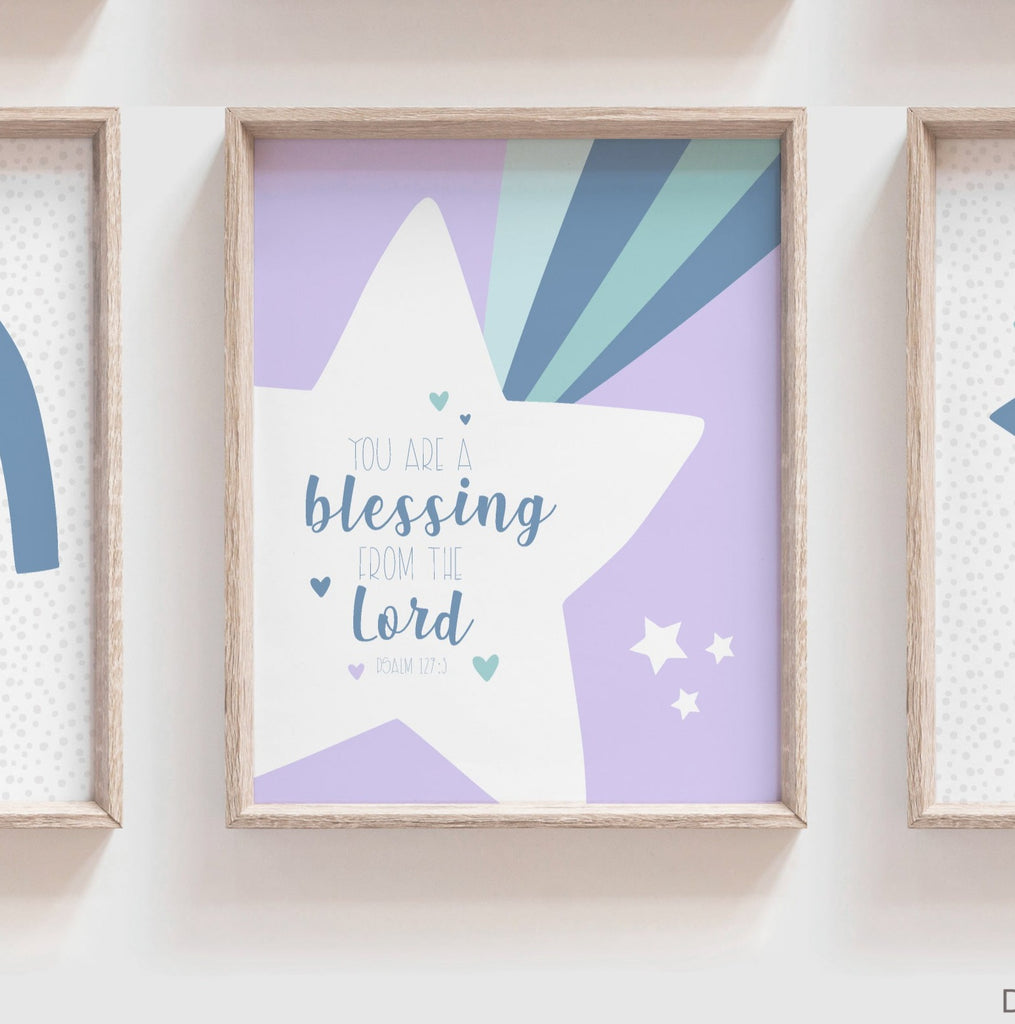 Girls purple aqua and blue nursery, purple nursery art, purple monogram print set for girl, moon and stars nursery, cloud nursery decor, cloud moon star wall decor