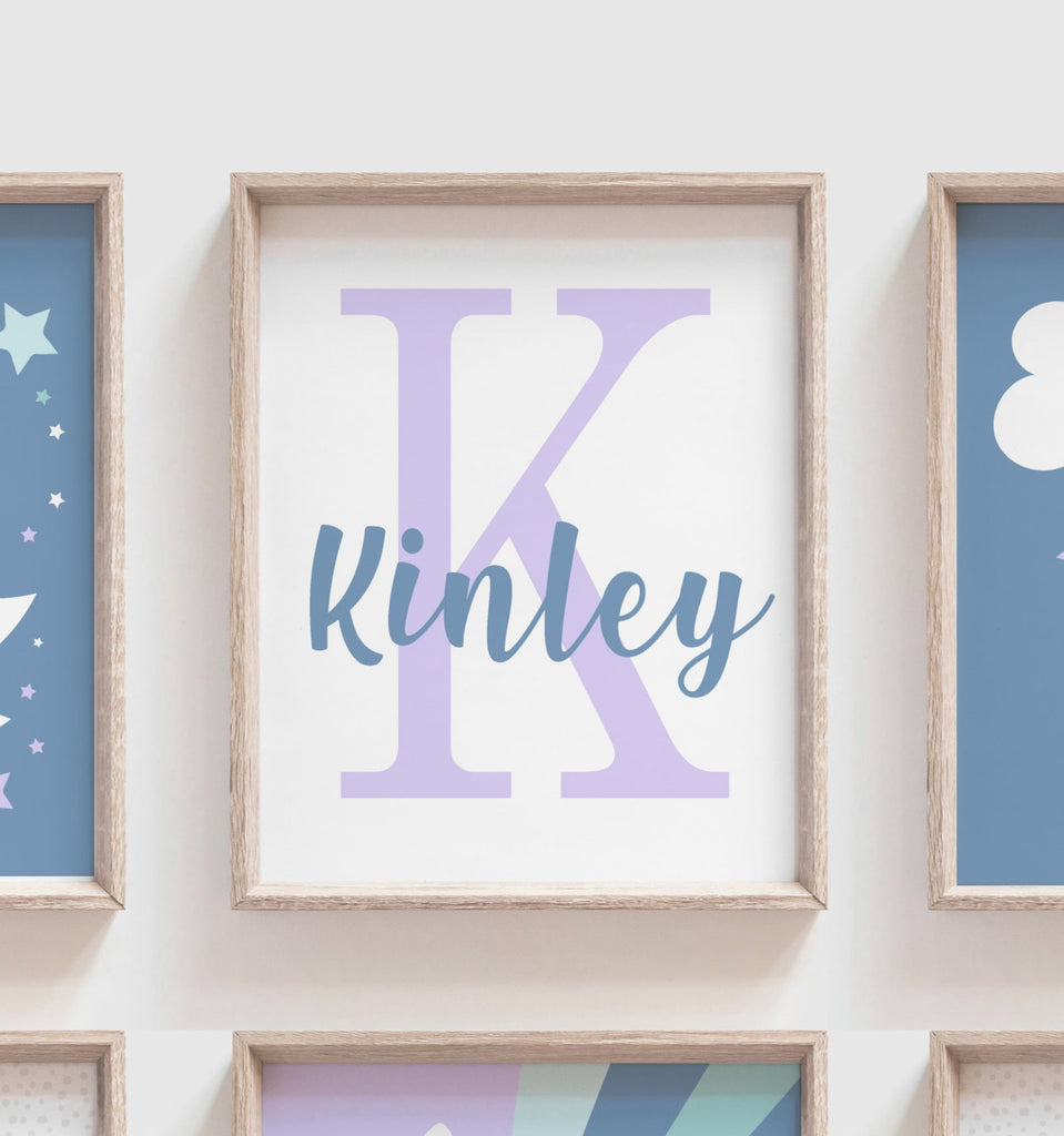 Girls purple aqua and blue nursery, purple nursery art, purple monogram print set for girl, moon and stars nursery, cloud nursery decor, cloud moon star wall decor