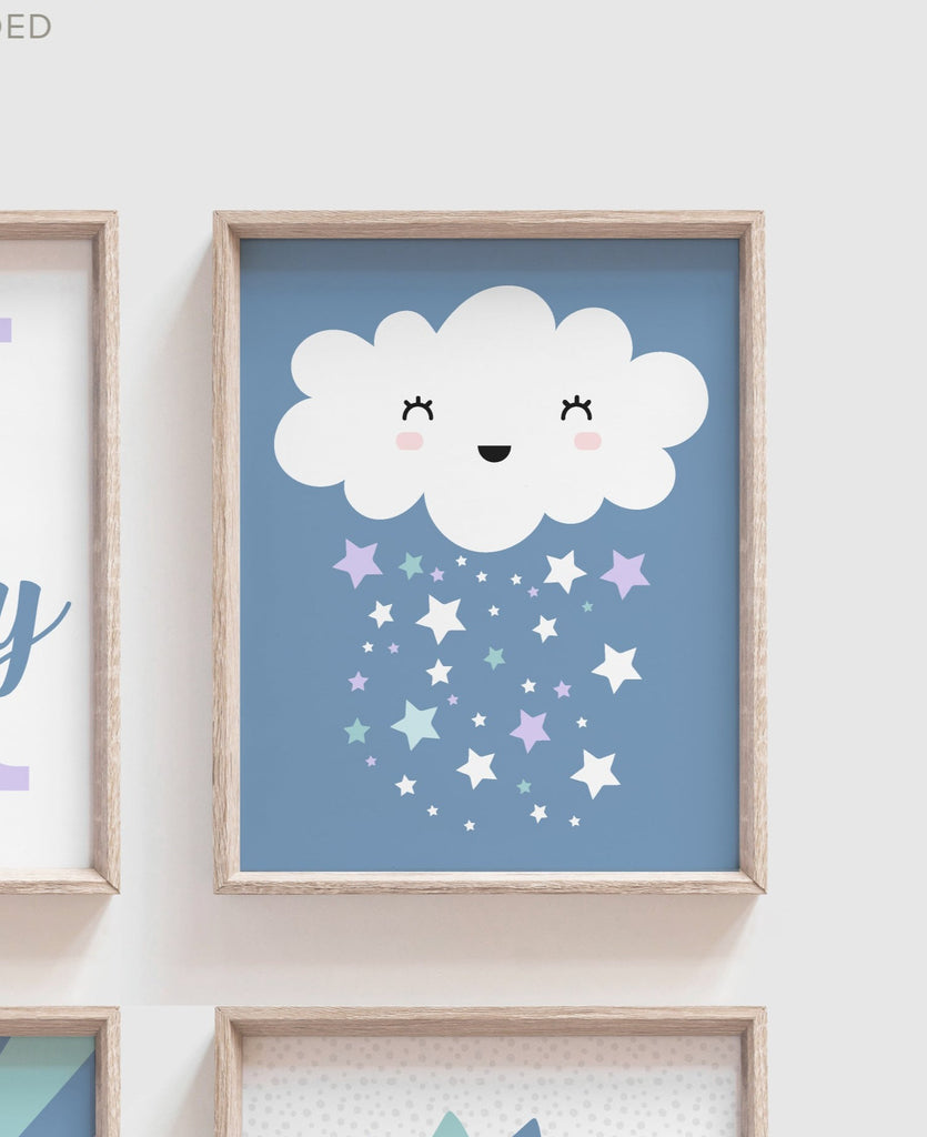 Girls purple aqua and blue nursery, purple nursery art, purple monogram print set for girl, moon and stars nursery, cloud nursery decor, cloud moon star wall decor