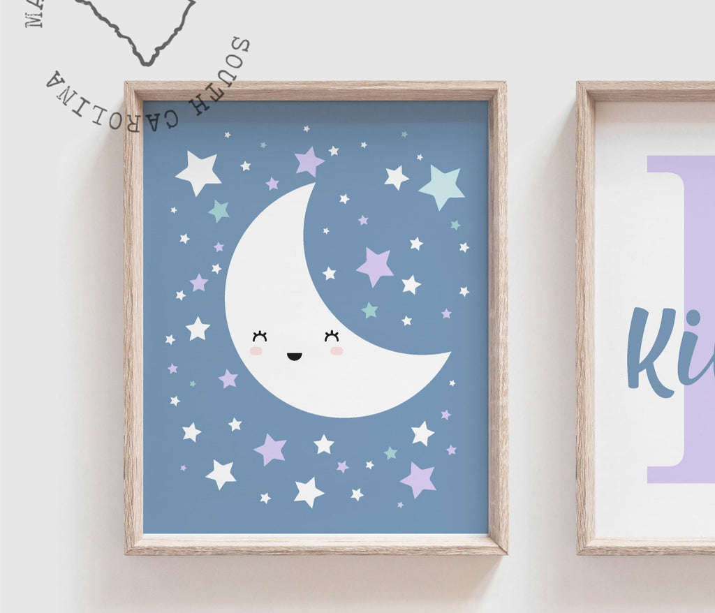 Girls purple aqua and blue nursery, purple nursery art, purple monogram print set for girl, moon and stars nursery, cloud nursery decor, cloud moon star wall decor
