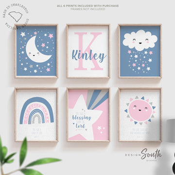 Girls pink gray and blue nursery, pink blue and gray little girl room art, blue and pink monogram print set for girl, moon cloud star nursery, cloud nursery decor, cloud moon star wall decor