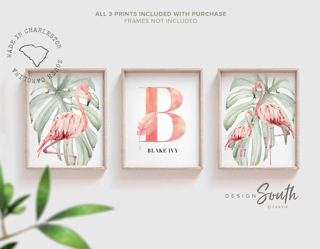Tropical flamingo nursery, pink green nursery tropical baby, monstera leaf tropical theme baby, trendy nursery wall art decor baby girl gift