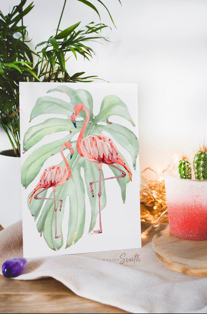 Tropical flamingo nursery, pink green nursery tropical baby, monstera leaf tropical theme baby, trendy nursery wall art decor baby girl gift
