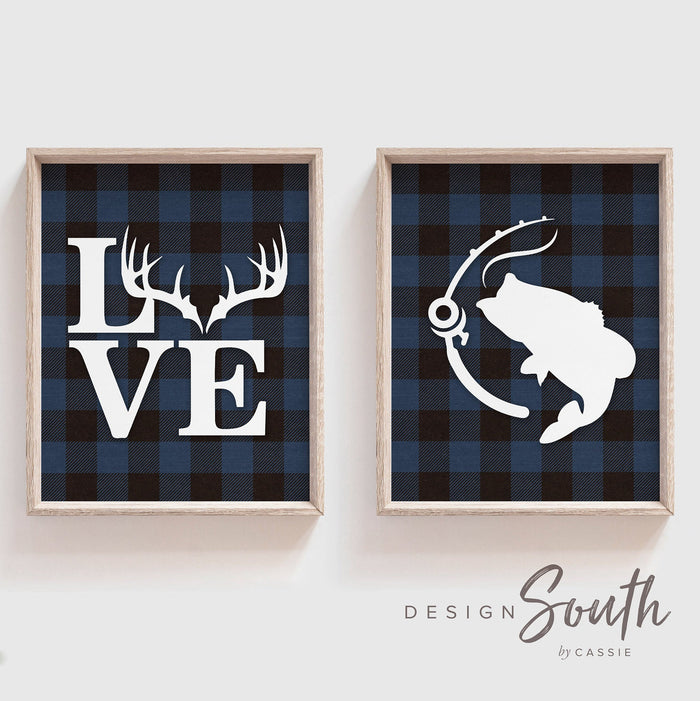 Deer bass fish decor, navy blue deer hunting fishing theme nursery, boys hunting wall prints, boys bedroom deer bass, outdoors theme nursery