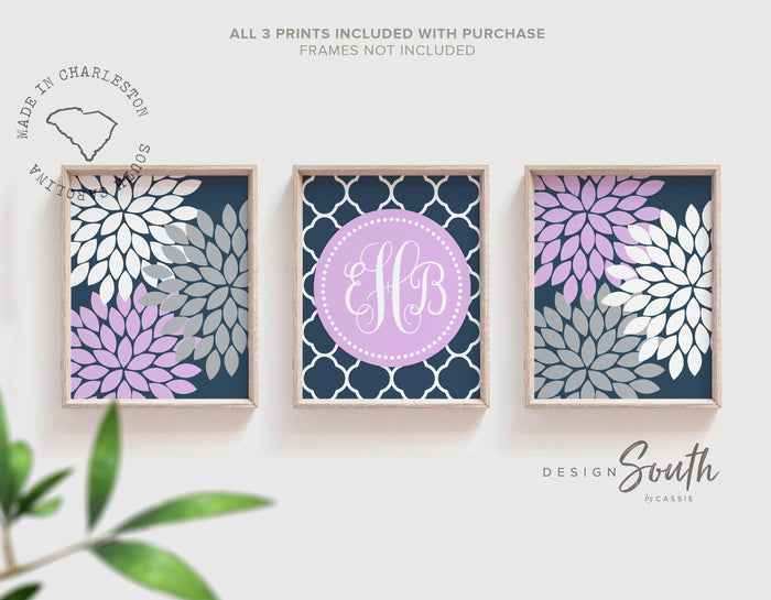 Pink and navy baby girl nursery decor, gift for little girl, baby shower gift pink, girl's bedroom wall ideas, pink baby monogram art prints