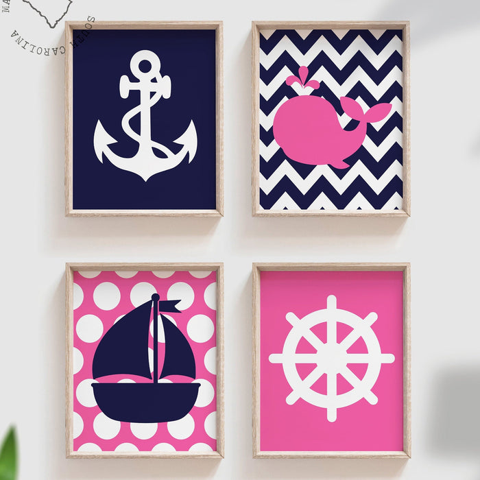Hot pink nautical, nautical nursery, hot pink and navy nautical decor, anchor, navy blue anchor art, girls hot pink bedroom, girls nautical
