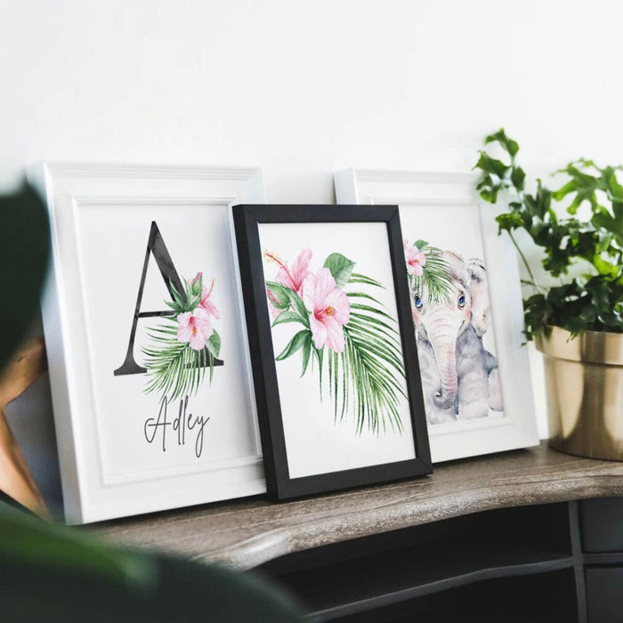 Girl nursery decor, flamingo tropical leaves nursery art, jungle theme botanical baby girl wall, coastal nursery decor, pink tropical decor