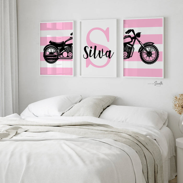 Girl pink motorcycle nursery, girl's pink harley motorcycle, girl pink black motorcycle themed art, pink motorcycle decor monogram name art