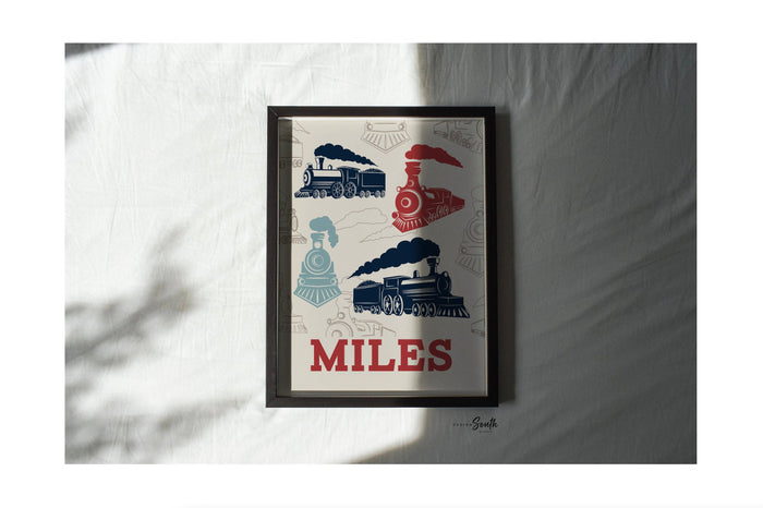 Boys bedroom trains, personalized wall art train transportation theme, red train decor, red train art, kids train room, train gift for boy