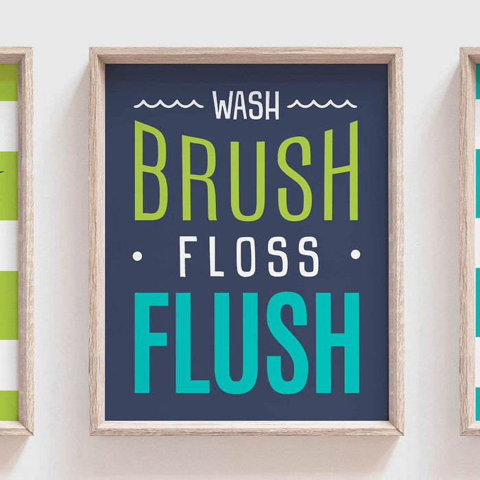 Deep sea ocean fish wall decor for boys, bathroom ideas toddler, marlin fish print, wash brush floss flush, lime green navy blue children