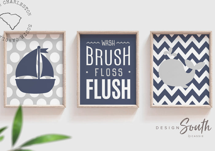Navy and gray boys bathroom, boys bathroom art, boys bathroom decor, wash brush floss flush, boys navy bathroom, navy bathroom art, navy art