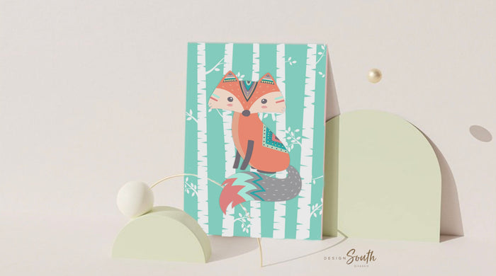 Personalized baby art, girl woodland nursery, coral & mint, boho baby room, girl monogram, baby girl fox, name art, gift for baby girl room