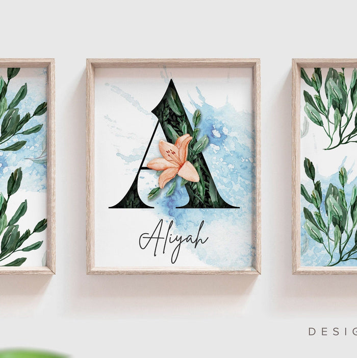 Baby girl monogram, girls name art for nursery, girls botanical plant floral nursery art, girls flower decor, baby girl botanical nursery