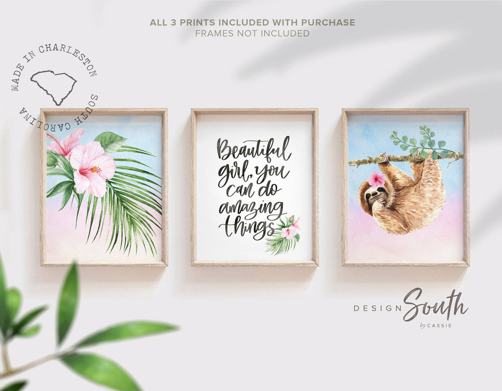 Girl's playroom wall ideas, tropical wall art prints girl, sloth nursery decor print set, girl wall art set sloth decor tropical theme quote – unframed wall art print for kids room or nursery.