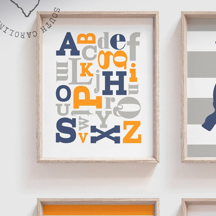 Dinosaur nursery decor orange and navy blue, kids prints, dinosaur wall art, dinosaur kids abc gift, orange and blue wall art boy, abc 123