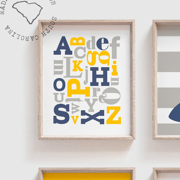 Boys navy blue gray and yellow, boys sharks, shark wall art, blue and yellow, nautical shark baby boys decor, baby boy wall art abc, sharks