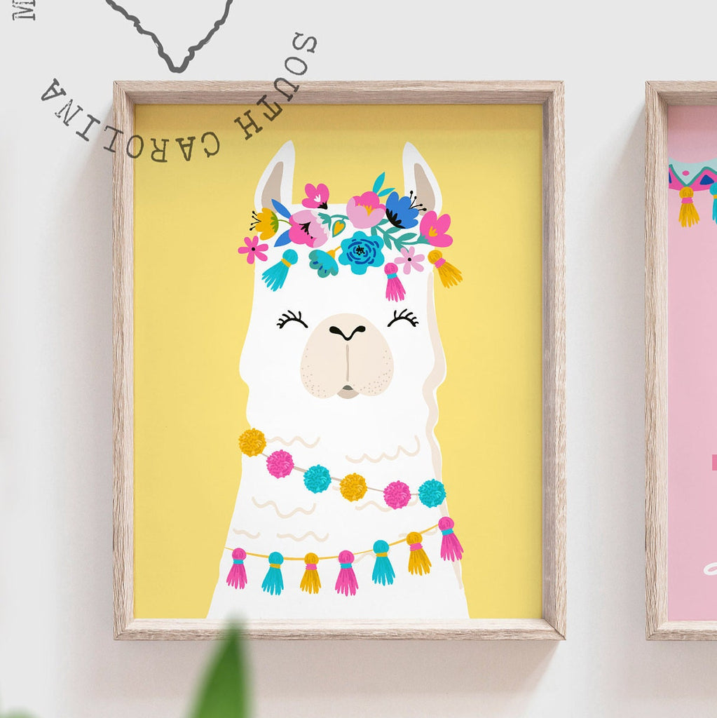 Pastel llama nursery art, little girls llama nursery bedroom, girls pink yellow teal room decor, baby girl personalized boho llama themed