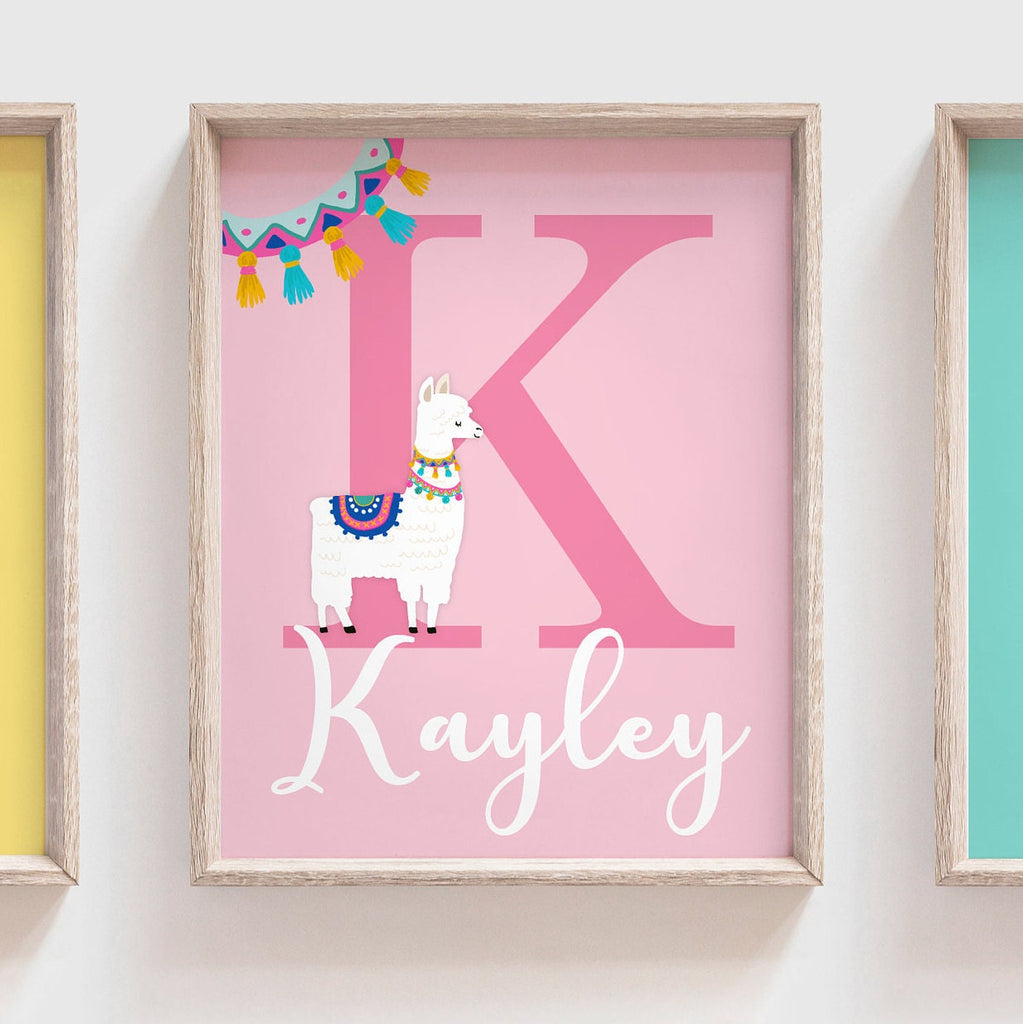 Pastel llama nursery art, little girls llama nursery bedroom, girls pink yellow teal room decor, baby girl personalized boho llama themed
